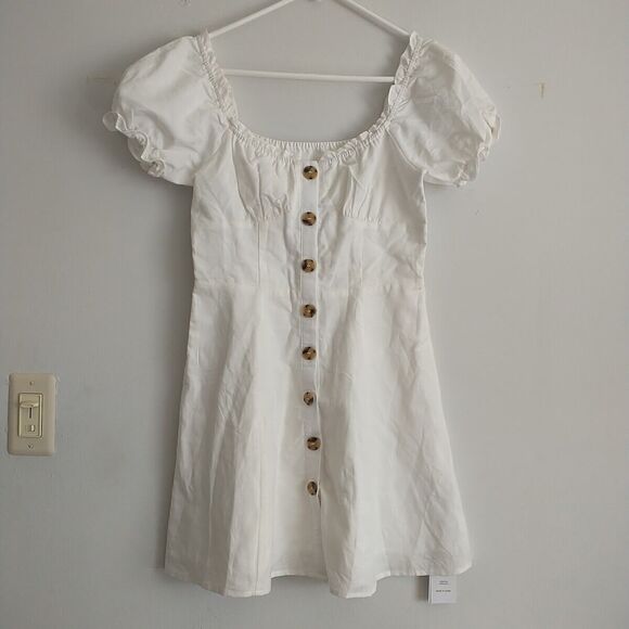 Cider Mini Dress S White Linen Blend Ruffle Front Button Puff Boho Cottagecore - Picture 1 of 11